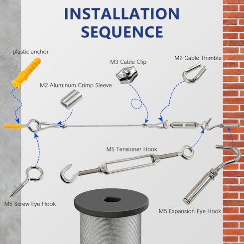 1/8" 165FT 304 M5 (50M/165FT) Wire Rope Kit Stainless Steel Cable with Turnbuckle String Light Hanging Wire Tensioner