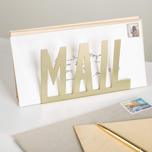 MyGift Modern Brass Metal Mail Holder Countertop Organizer with Cutout MAIL Lettering Design, Office Desktop Envelope and Document Storage Rack