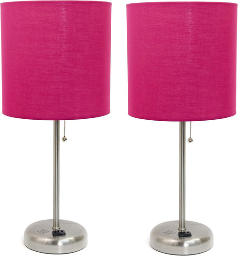 Simple Designs LC2001-PNK-2PK Brushed Steel Stick Table Lamp Set with Charging Outlet