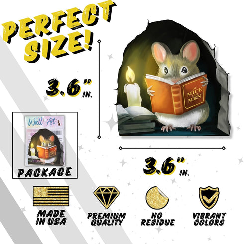 Mouse Reading Book Wall Decor Sticker Decal, Kids Room, Classroom, Home, Bedroom, Bookcase, Adorable Design