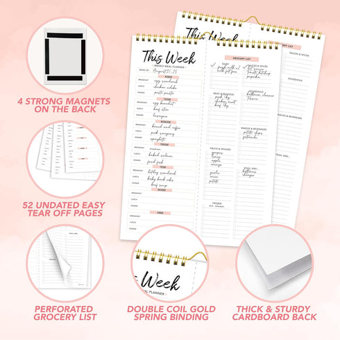 Decorably Weekly Meal Planner with Grocery List - 52 Tear-Off Sheets Refrigerator Meal Planner, 8.5x11in Magnetic