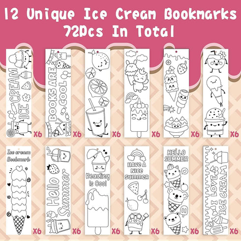 72Pcs Summer Haooryx Color Your Own Ice Cream Bookmarks - Ice Cream Theme Kids DIY Coloring Blank Bookmark for Kids