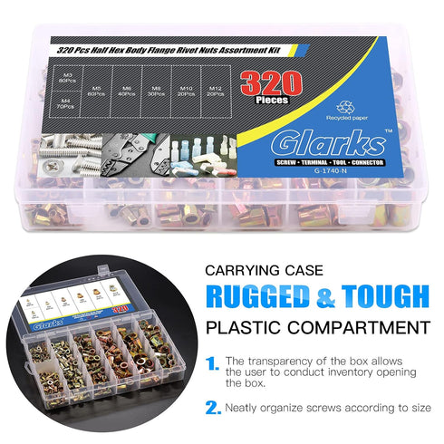 Glarks 320Pcs M3 M4 M5 M6 M8 M10 M12 Set Set) Half Hex Body Flange Rivet Nuts Assortment Kit, Zinc Plated Carbon Steel