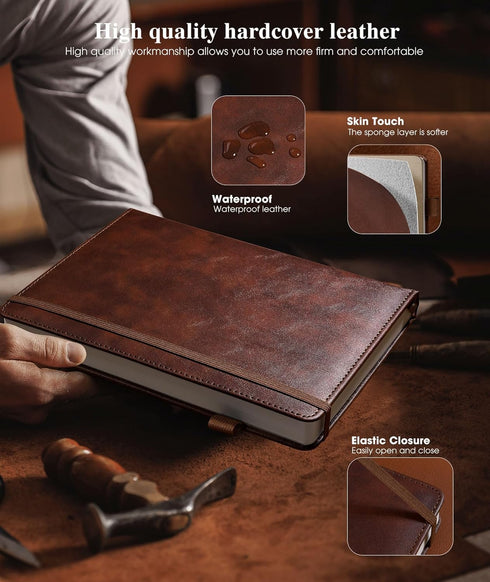 Lined Leather Journal Notebook for Men Women, 256 Numbered Pages, A4 Journaling Notebooks for Writing, Brown