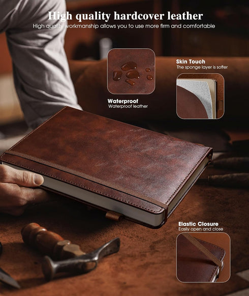 Lined Leather Journal Notebook, B5 Size, 256 Numbered Pages, 100GSM Thick Ruled Paper, Brown, 7.6"×10" for Men Women