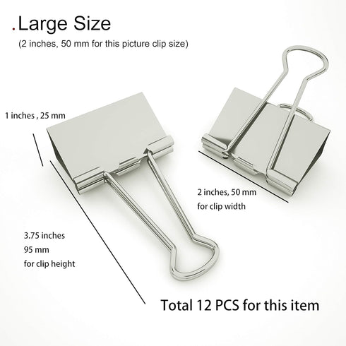 Silver Binder Clips Large (Jumbo) of 2 inch ( 50 mm ) Colored Paper Clamp Assorted Size Assortment (Office or School Metal Fold Back Clip Metal Clips.) (2 in /50 mm)(Silver, 12 - Count) by nctinystore
