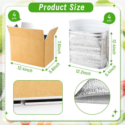 Convivium 4 Pack Pack Frozen 12''x5.5''x7.5'' Insulated Shipping Boxes with Foil Liner Bags, Reusable Thermal Cooler