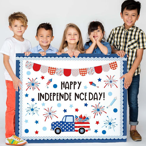 JarThenaAMCS 74Pcs Happy Independence Day Bulletin Board Kit - Patriotic Red Blue Star Truck Fireworks Cutouts