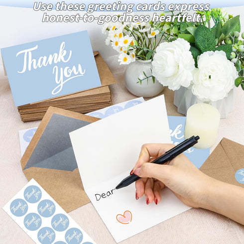 600 4x6 Inch Set Pcs Light Blue Thank You Cards Bulk with Kraft Envelopes and Stickers Blank Thank You Notes Box