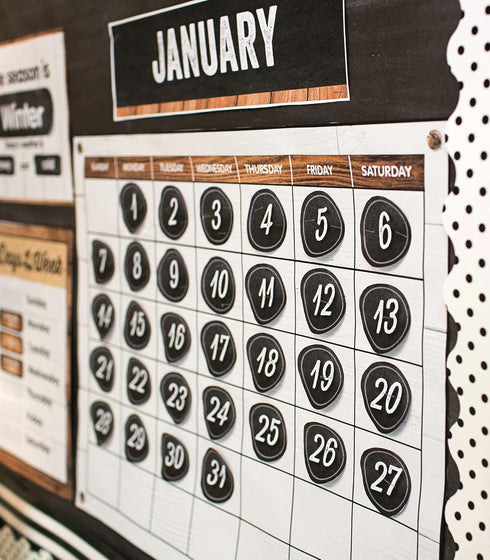 Schoolgirl Style Industrial Chic 95-Piece Calendar Bulletin Board Set, Rustic Farmhouse Monthly Calendar