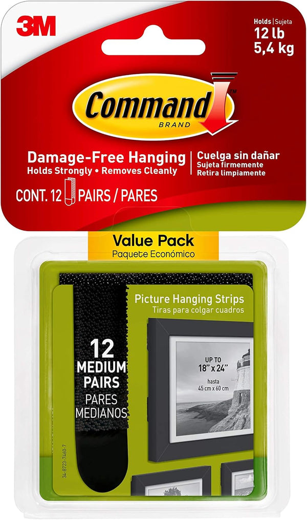 Command Black Picture Hanging Strips, 12 pairs (24 strips), Medium, Damage-Free Decorating (17204BLK-12ES)
