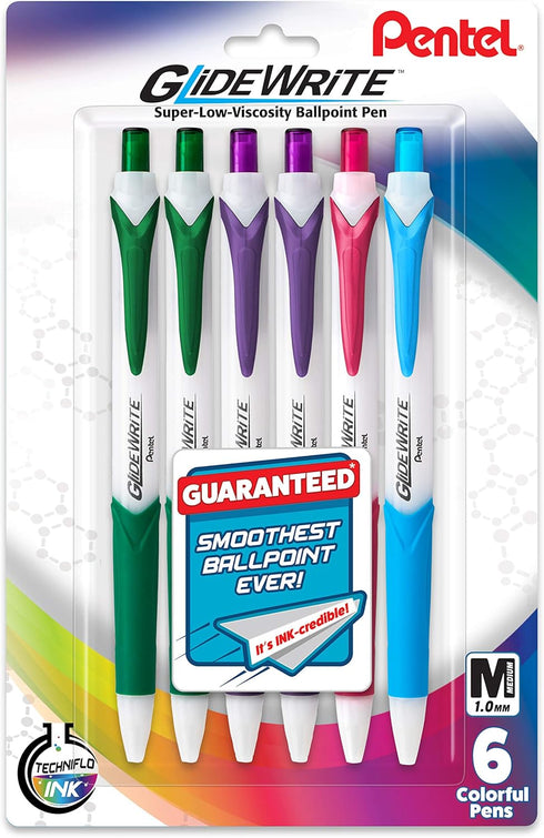 Pentel GlideWrite Ballpoint Pen with TechniFlo Ink, 1.0mm Medium Line, Assorted Ink, Pack of 6