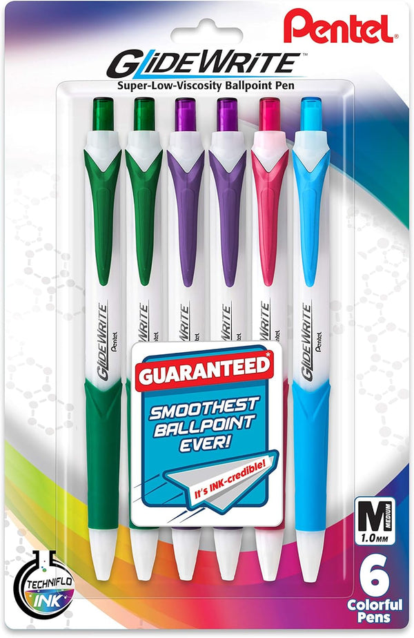 Pentel GlideWrite Ballpoint Pen with TechniFlo Ink, 1.0mm Medium Line, Assorted Ink, Pack of 6