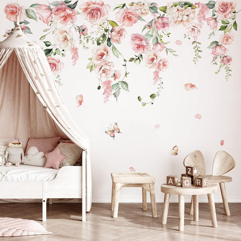 decalmile Large Pink Flower Wall Decals Hanging Vine Floral Wall Stickers Baby