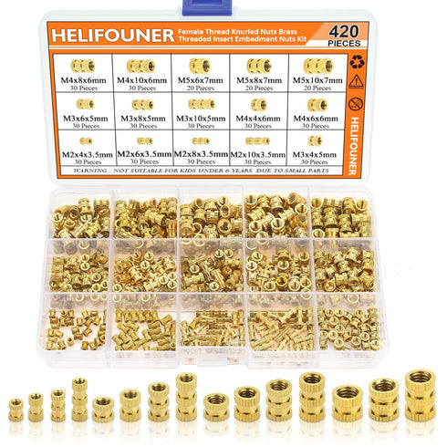 420 PCS M2 M3 M4 M5 Female Thread Knurled Nuts, Brass Threaded Insert Assortment Kit