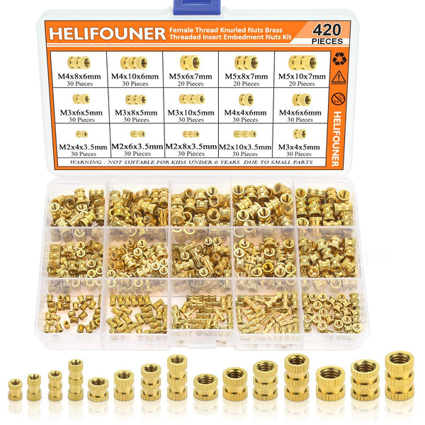 420 PCS M2 M3 M4 M5 Female Thread Knurled Nuts, Brass Threaded Insert Assortment Kit