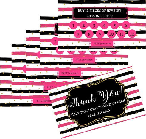 Jewelry Loyalty Cards | 50 Pack Thank You Notes | Black and Pink Stripe with Gold Dots | 5 Bling Buy 12 Get One Free