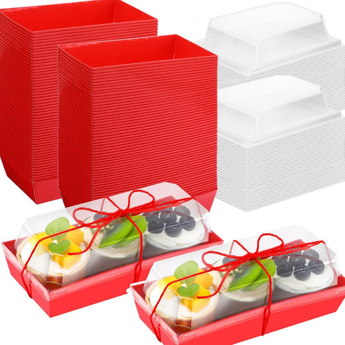 200 Pcs Charcuterie Boxes - Disposable Rectangle Cookie Boxes with Clear Lids and Rope for Bakery, 7.5'' Red Dessert