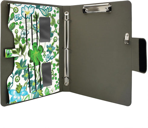 Organizer Portfolio Case with 3-Ring Binder, Flower Painting PU Leather Padfolio with Document Bag (Green)