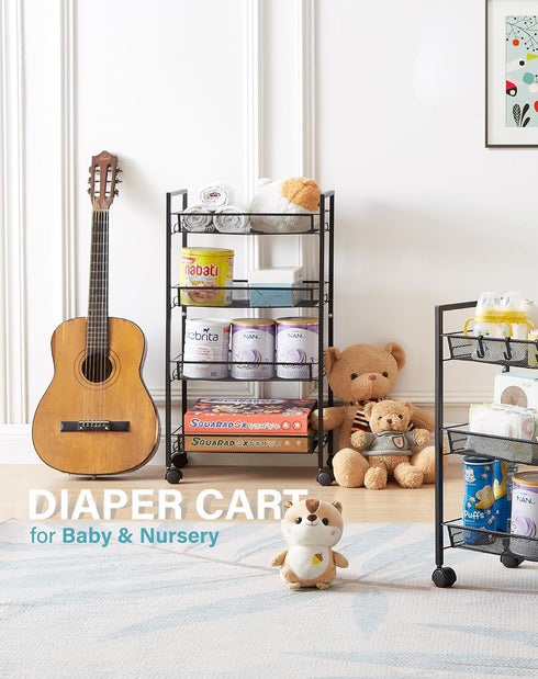 crkmire 4 Tier Metal Rolling Cart, Utility Storage Cart with Wheels and Handle Mobile Book Art Snack Diaper Baby