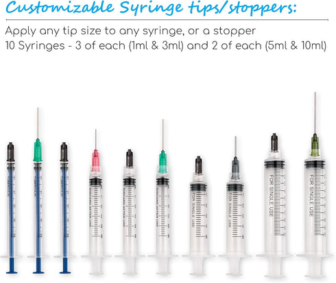 Free Hand Syringe Blunt Tip Needle Set - (10 Syringes, 10 Needles, 10 Caps and 2 Storage Bottles) - for Refilling and Measuring Liquids, Oil or Glue Applicator