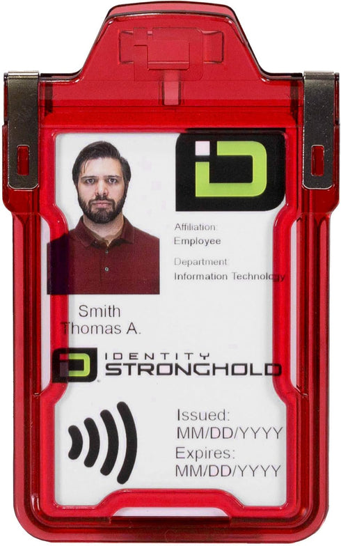 Identity Stronghold RFID Badge Holder for 1 Card, Heavy Duty Hard Plastic, FIPS 201 Approved Security - Red