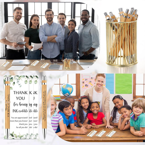 Yeaqee 72 Sets Employee Appreciation Gifts Bulk, Thank You Gift Office Bamboo Pen with Inspirational Cards, Christmas