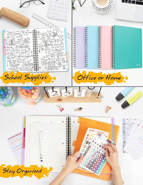 SUNEE 5 Subject Notebook College Ruled - 300 Pages, 8.2"x10.8", 5 Pocket Colored Dividers, 3-Hole Punched Paper