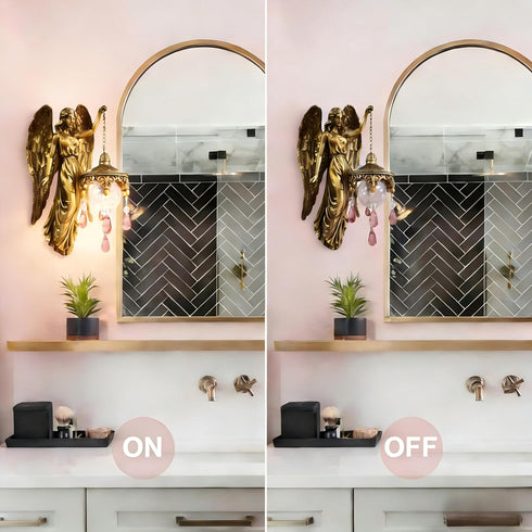 Angel Wall Lamp, Vintage Holy Guardian Night Light with Frosted Crystal & Wings, Battery Operated Wall Sconce