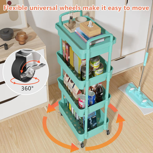 Calmootey 4-Tier Rolling Utility Cart with Drawer, Multifunctional Storage Organizer with Plastic Shelf & Metal Wheel,