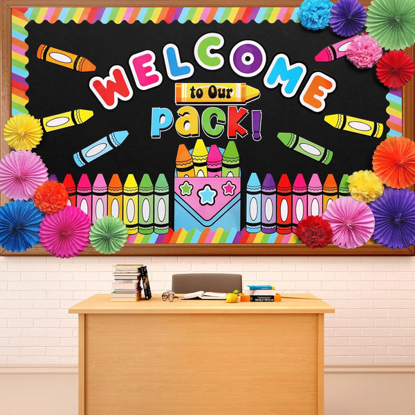 Welcome to Our Pack Bulletin Board Decorations, Colorful Crayon Name Tags and 3D Tissue Paper Flowers Set