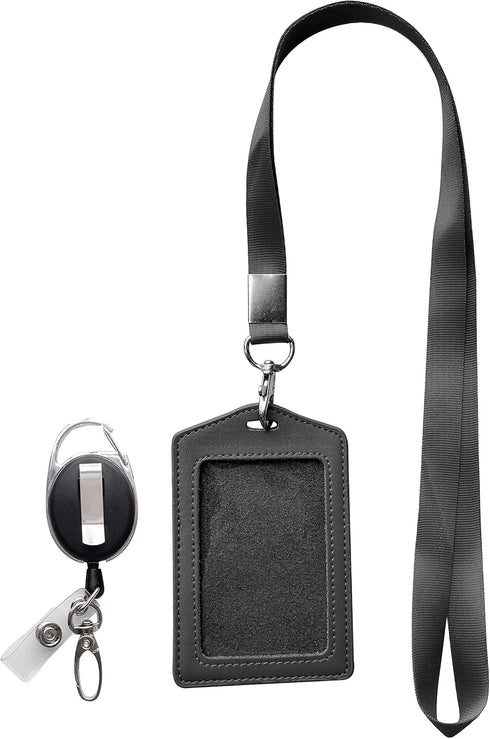 ID Card Case + Heavy Duty Lanyard (Black) - Badge Holder with Retractable Reel and Clip