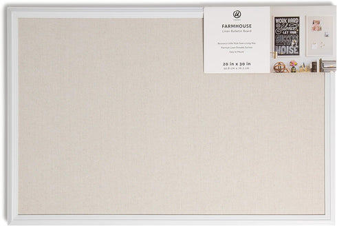 U Brands Farmhouse Linen Bulletin Board - White Frame Office Supplies, Natural, 20” x 30”