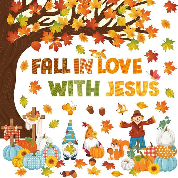 Zonon Christian Fall Love with Jesus Bulletin Board Set, Autumn Decorations, Maple Leaf Pumpkin Cutouts for Thanksgiving