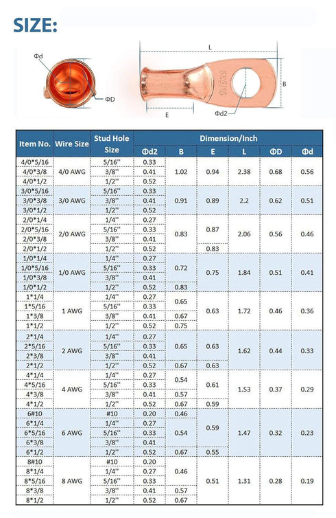 12PCS 2/0x1/2 Copper Ring Terminal Connectors, 2/0 AWG Heavy Duty Battery Cable Ends with 12 PCS 3:1 Heat Shrink Tubing