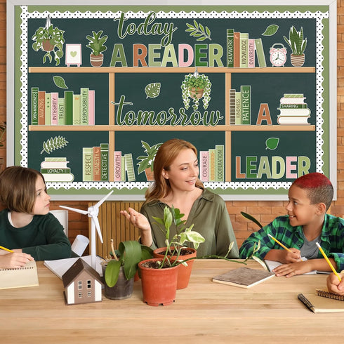Set Bookshelf Bulletin Board Plant Greenery Classroom Decorations Reading Library Bulletin Board Potted Bookshelf Paper