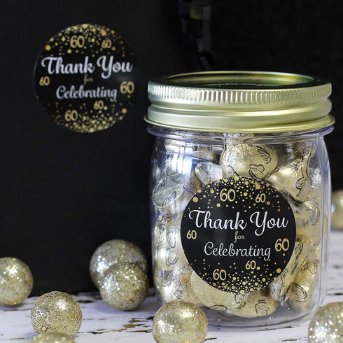 Black and Gold 60th Birthday Party Thank You Stickers, Set of 40 Stickers