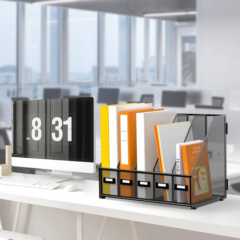 DALTACK Metal Desk Organizers, Magazine File Holder with 5 Vertical Compartments for Office Home School, Black