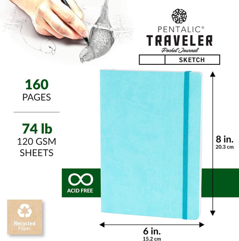 Pentalic Pocket Sketchbook: 6" x 8", 160 Pages, Turquoise Traveler Journal