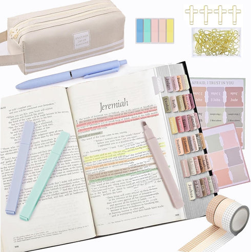 Bible Study Kit with Bible Journaling Supplies, Highlighters, Gel Pens, Bible Tabs, Tapes, Sticky Notes, Paper Clips,