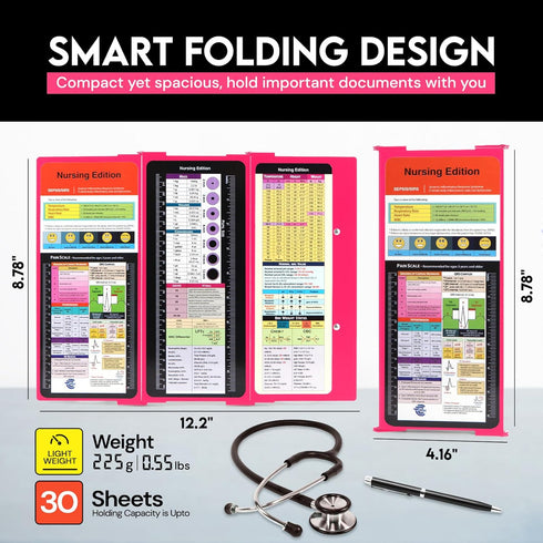 Nursing Clipboard Foldable with Medical Edition Cheat Sheets, 3 Layers Aluminum Clipboard for Nursing Students (Pink)