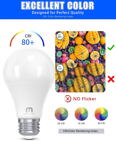 MASTERY MART A19 60-Watt LED Light Bulbs, 5000K Bright Daylight White, 800 Lumens, 6 Pack, Non-Dimmable