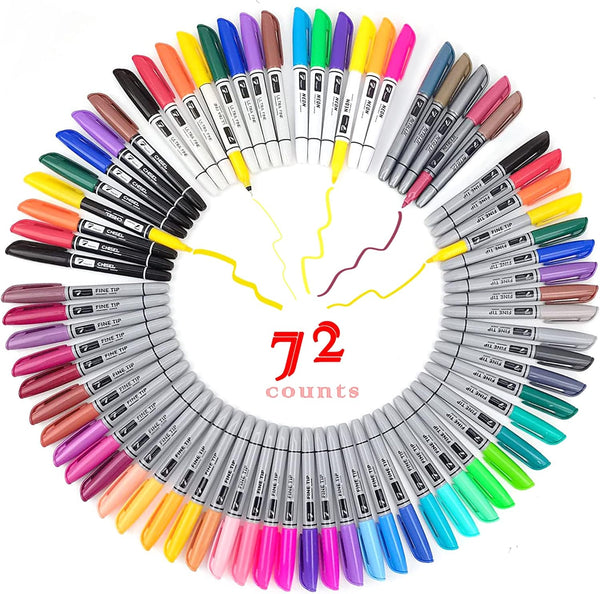 TOWON 72 Assorted Permanent Markers Set - Waterproof Colored Pens with 45 Fine Tip, 8 Ultra Fine, 8 Chisel, 6 Neon, 5