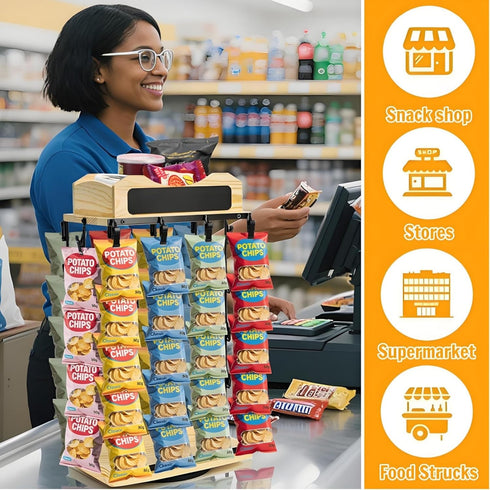 360 2 48 Counter Chip Rack Display Stand, Rotating Base Chip Bag Holder with Message Board, Tier Clips Snack Organizer