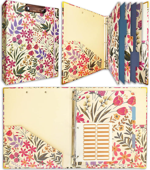 Binditek 3 Ring Binder, 1 Inch Round Ring with 5-Tab Dividers, 2 Interior Pockets, Floral Design, 175 Sheet Capacity