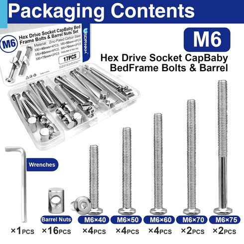 Usdrwam 16 Set, M6 40/50/60/70/75 mm Pcs Crib Screws and Barrel Nuts Replacement x Hex Socket Cap Bolts and Nuts