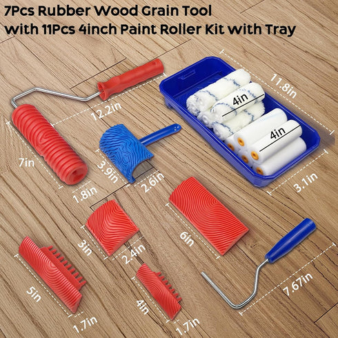 18PCS Set 12pcs 4inch Wood Grain Tool, Wood Graining Tool with Extra Paint Roller Kit with TrayRubber Wood Grain Roller