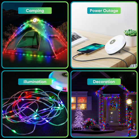 32.8FT 8 Camping String Lights, Quick Storage Rechargeable Tent Lighting String with Lighting Modes, Waterprof Portable