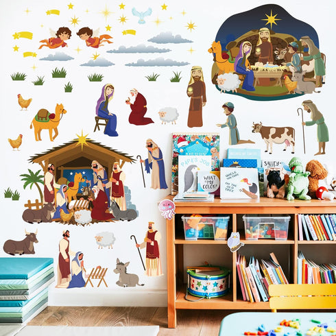 BBTO 65 Pcs Christmas Nativity Bulletin Board Decorations Set, Religious Nativity Scene Cutouts for Xmas Party