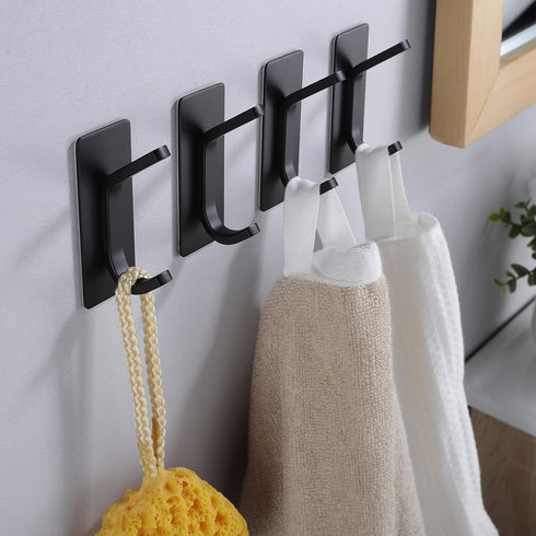YIGII Towel Hook/Adhesive Hooks, Black Wall Hooks for Bathroom and Kitchen, Heavy Duty 4-Pack